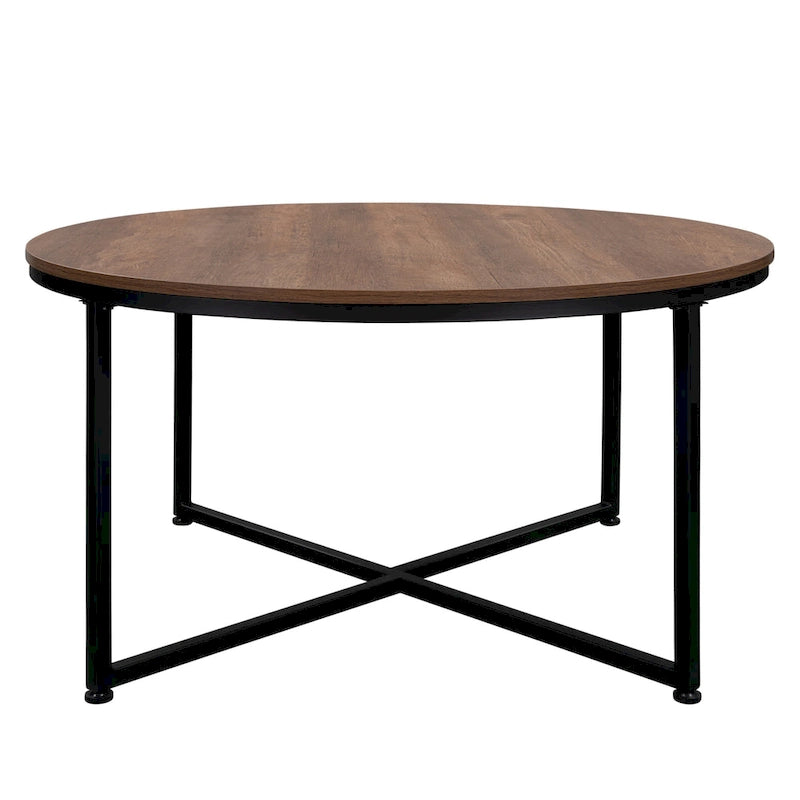 Runder Couchtisch mit Holzplatte und Metallbeinen im X-Design