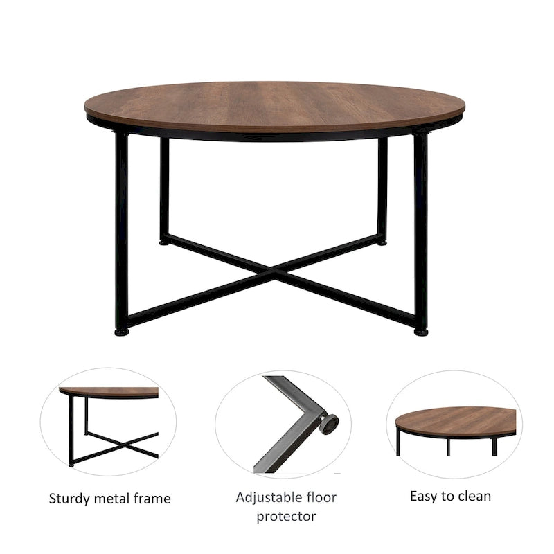Runder Couchtisch mit Holzplatte und Metallbeinen im X-Design