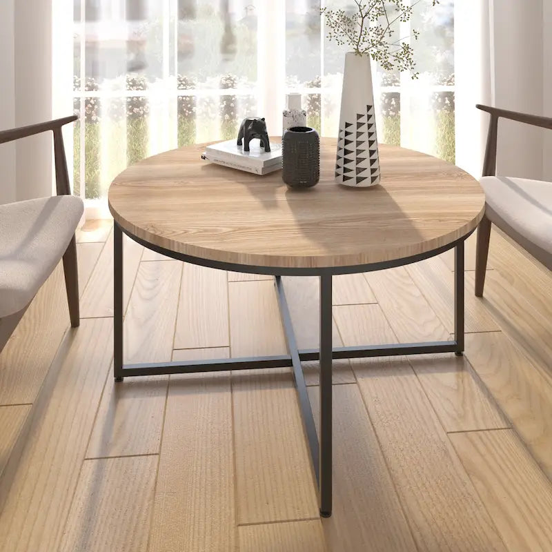 Runder Couchtisch mit Holzplatte und Metallbeinen im X-Design