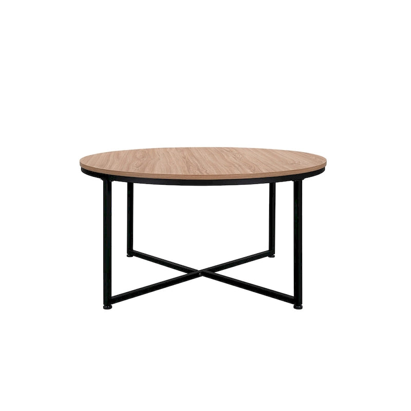 Runder Couchtisch mit Holzplatte und Metallbeinen im X-Design