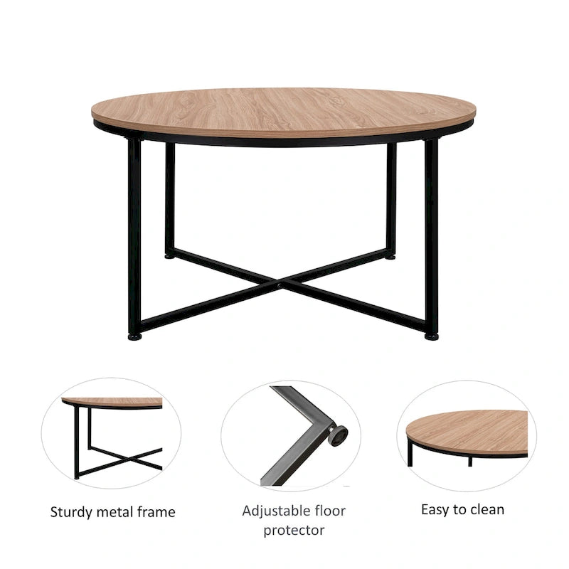 Runder Couchtisch mit Holzplatte und Metallbeinen im X-Design