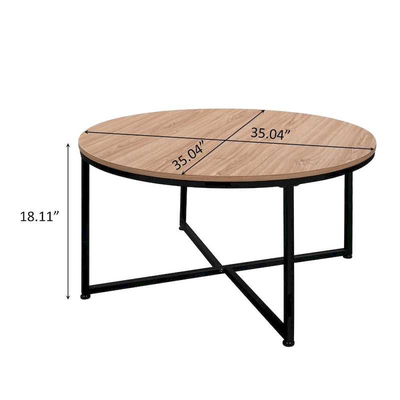 Runder Couchtisch mit Holzplatte und Metallbeinen im X-Design