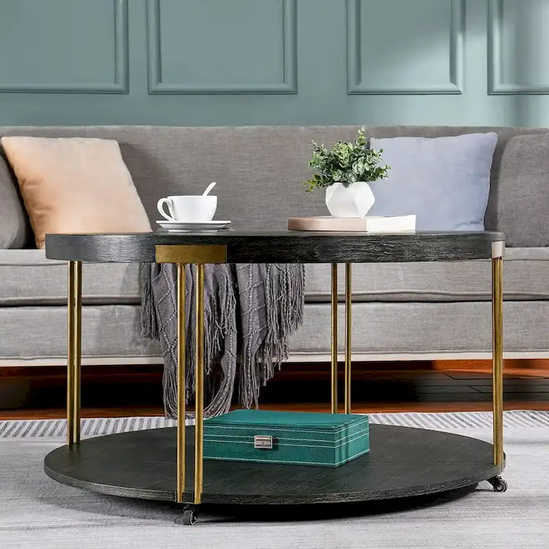 2-Tier Round Wood and Metal Coffee Table with Storage Shelf