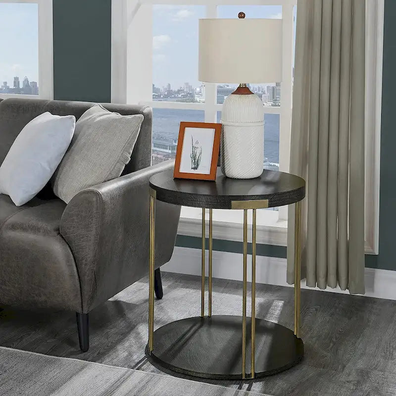 2-Tier Round Wood and Metal Coffee Table with Storage Shelf