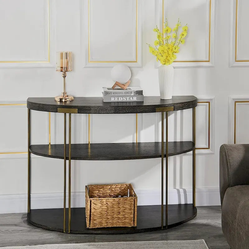 2-Tier Round Wood and Metal Coffee Table with Storage Shelf