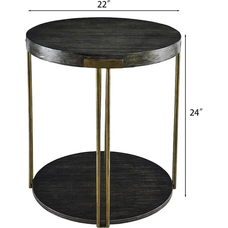 2-Tier Round Wood and Metal Coffee Table with Storage Shelf