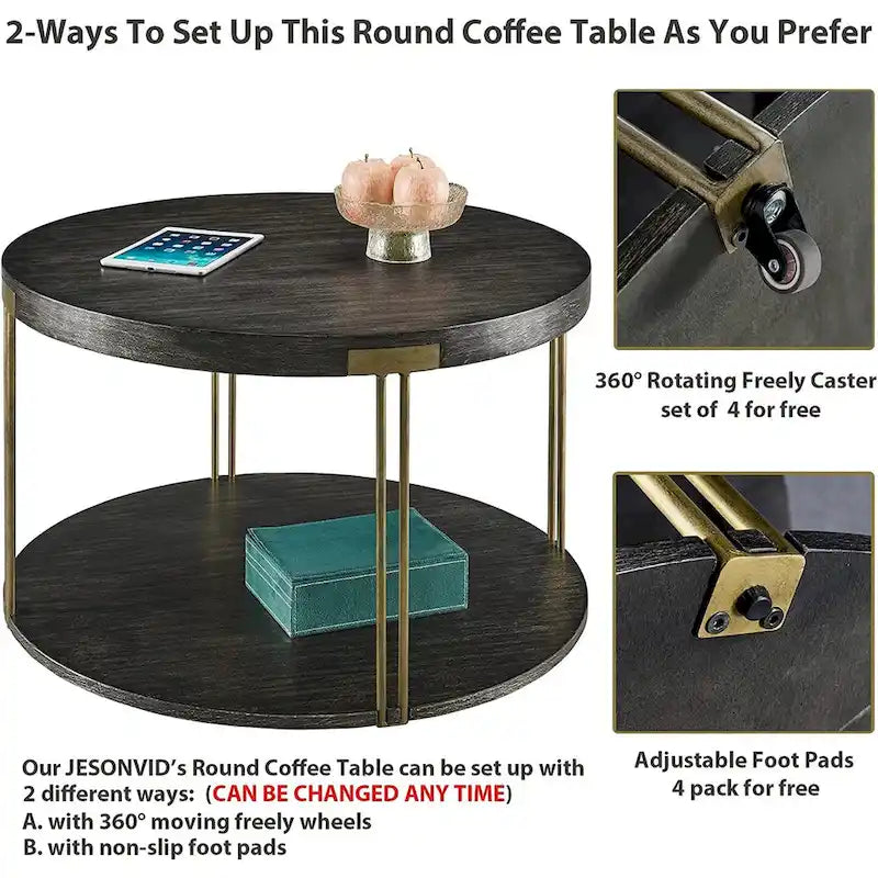 2-Tier Round Wood and Metal Coffee Table with Storage Shelf