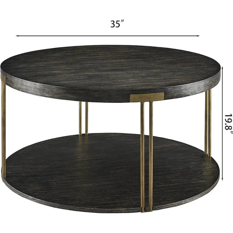 2-Tier Round Wood and Metal Coffee Table with Storage Shelf