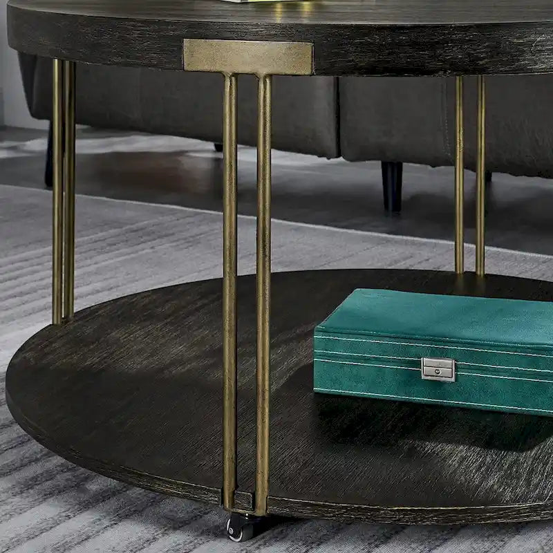 2-Tier Round Wood and Metal Coffee Table with Storage Shelf