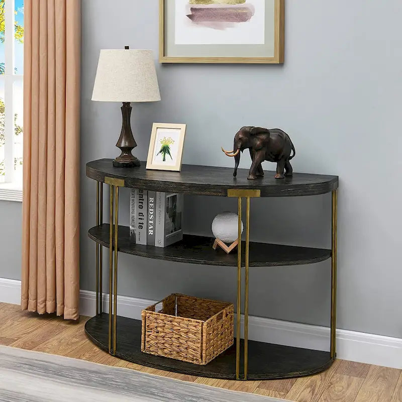 2-Tier Round Wood and Metal Coffee Table with Storage Shelf