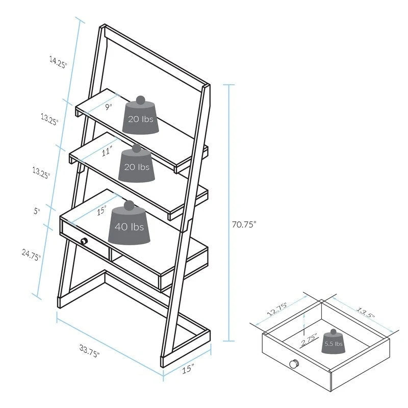 Scrivania a scala con ripiani e cassetto, in legno duro bicolore e bianco