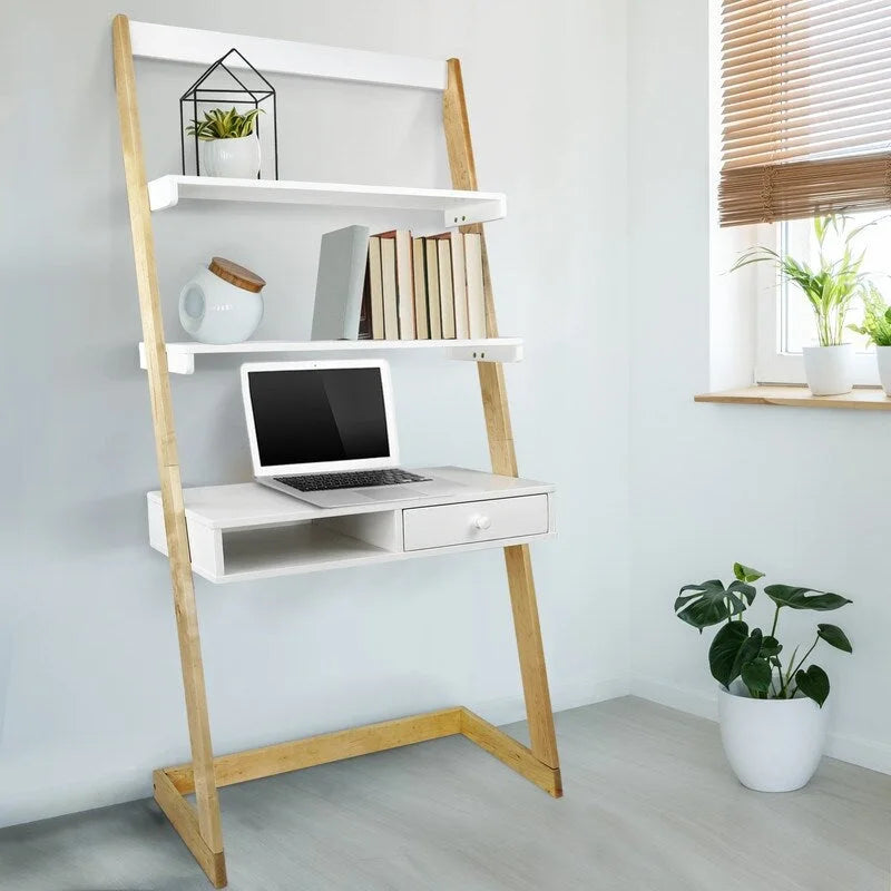 Scrivania a scala con ripiani e cassetto, in legno duro bicolore e bianco