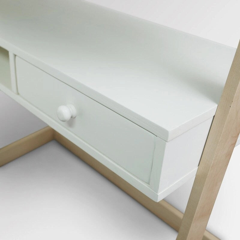 Scrivania a scala con ripiani e cassetto, in legno duro bicolore e bianco