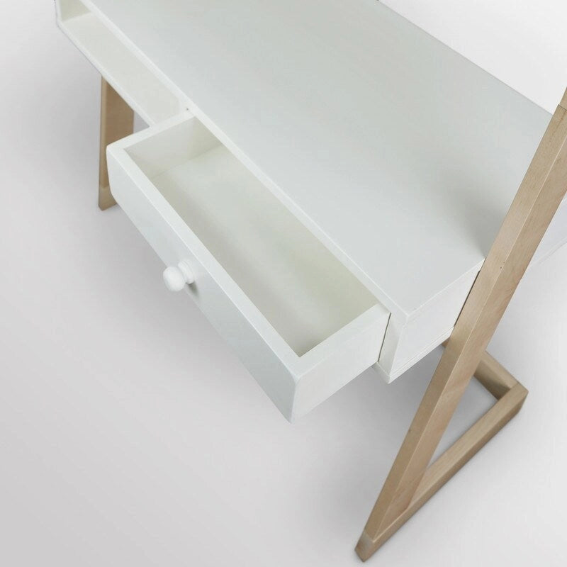 Scrivania a scala con ripiani e cassetto, in legno duro bicolore e bianco