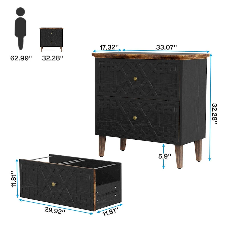 2-Drawer Lateral Filing Cabinet with Solid Wood Legs in Black