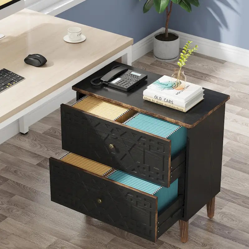 2-Drawer Lateral Filing Cabinet with Solid Wood Legs in Black