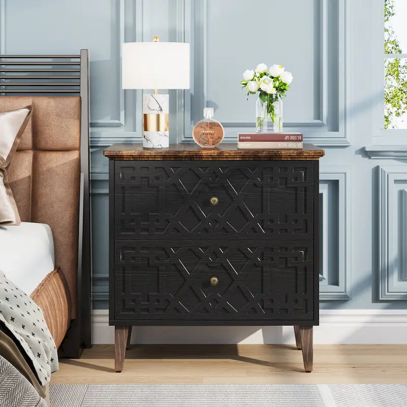 2-Drawer Lateral Filing Cabinet with Solid Wood Legs in Black
