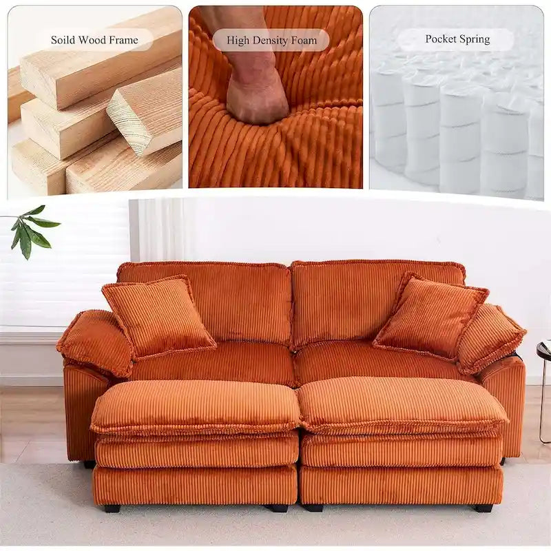 2-Seater Corduroy Sofa with Deep Seat Cushions and Modular Design