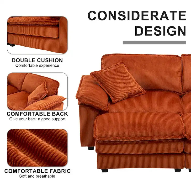 2-Seater Corduroy Sofa with Deep Seat Cushions and Modular Design