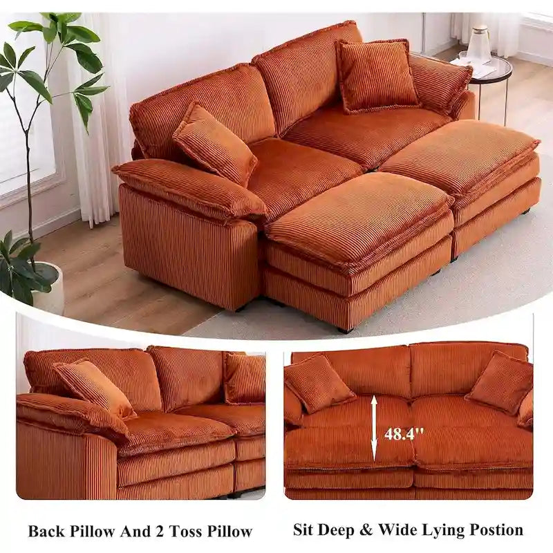 2-Seater Corduroy Sofa with Deep Seat Cushions and Modular Design