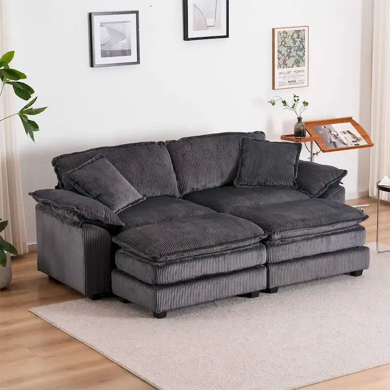 2-Seater Corduroy Sofa with Deep Seat Cushions and Modular Design