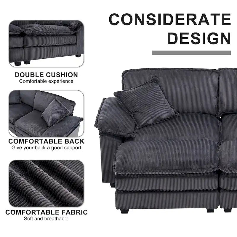 2-Seater Corduroy Sofa with Deep Seat Cushions and Modular Design