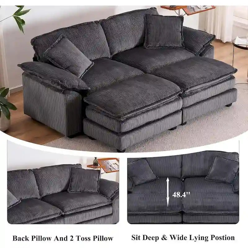 2-Seater Corduroy Sofa with Deep Seat Cushions and Modular Design
