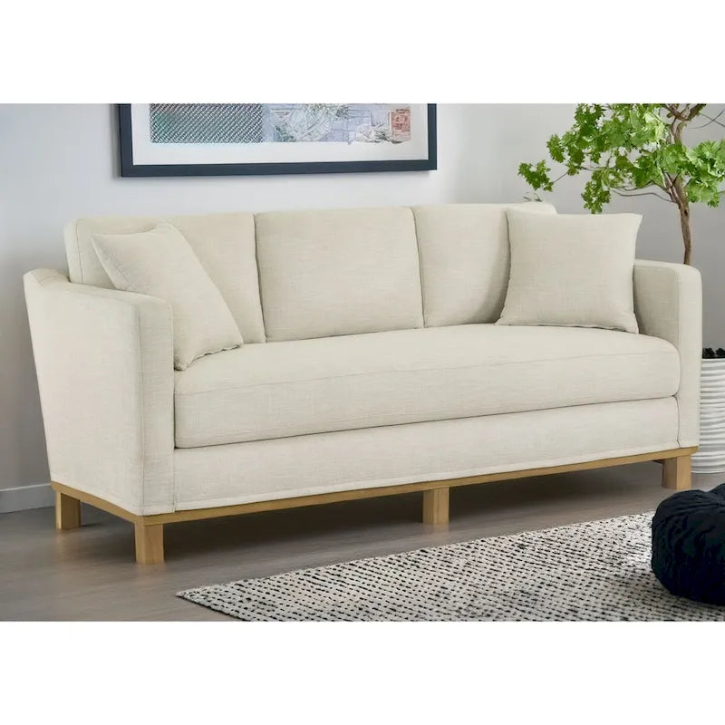 Dreisitzer-Sofa mit gepolsterten Schienenarmlehnen und Holzuntergestell