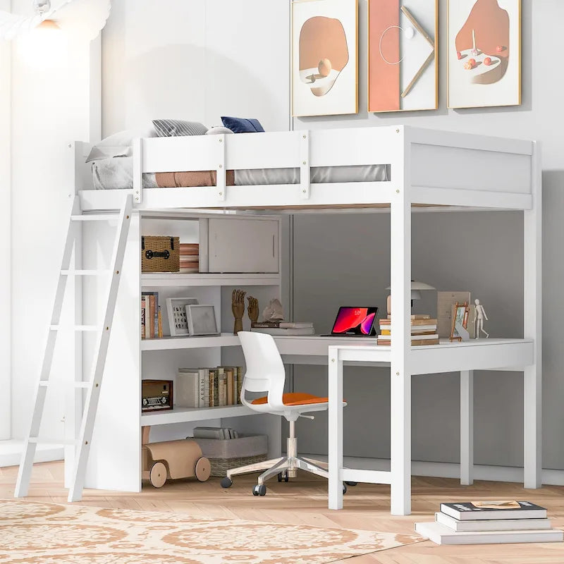 Full Size Loft Bed with Built-in Desk & Bookshelf in Solid Pine Wood
