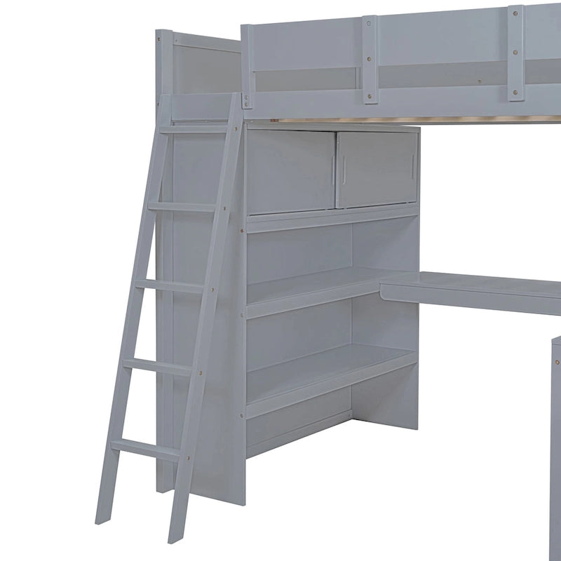 Letto a soppalco matrimoniale con scrivania e libreria integrate, in legno massello di pino