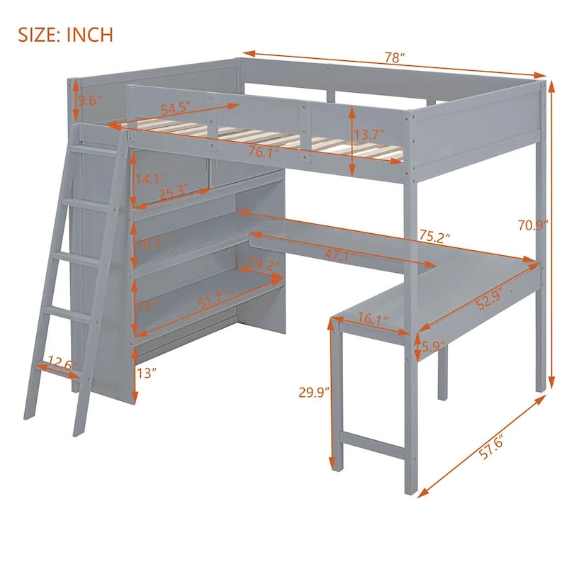 Full Size Loft Bed with Built-in Desk & Bookshelf in Solid Pine Wood