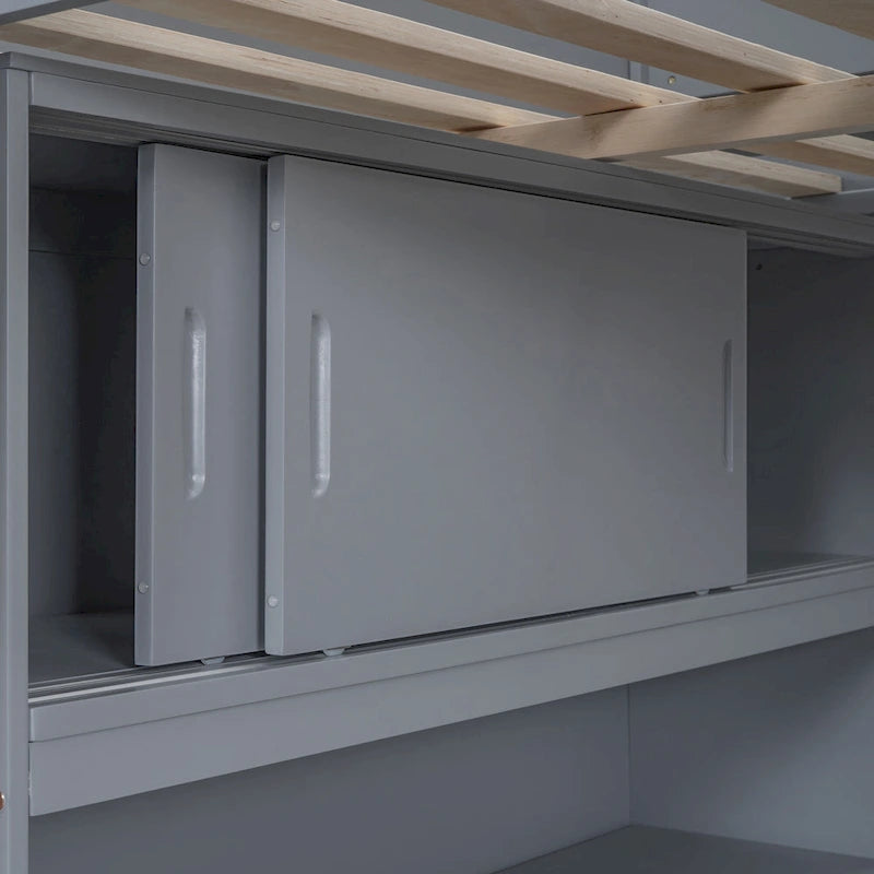 Full Size Loft Bed with Built-in Desk & Bookshelf in Solid Pine Wood
