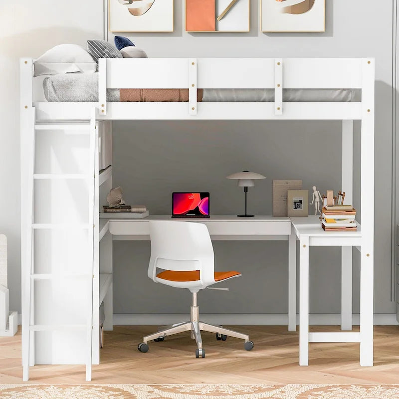 Full Size Loft Bed with Built-in Desk & Bookshelf in Solid Pine Wood