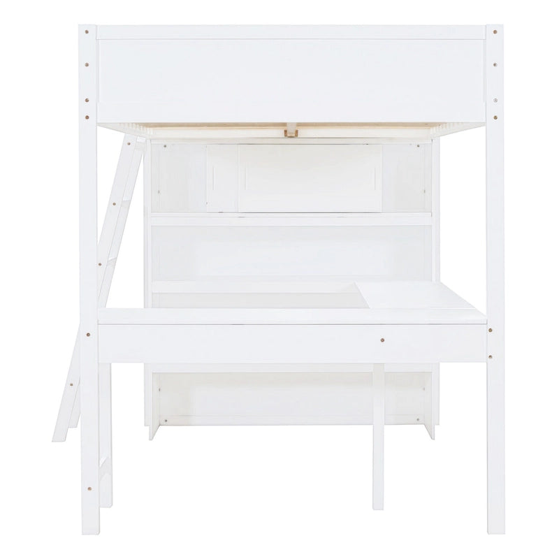 Full Size Loft Bed with Built-in Desk & Bookshelf in Solid Pine Wood