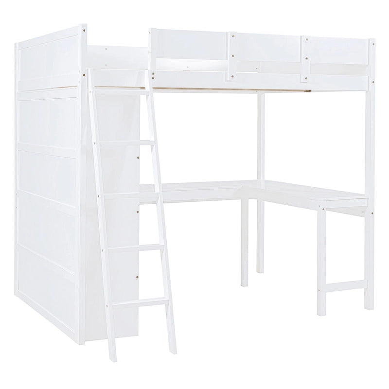 Full Size Loft Bed with Built-in Desk & Bookshelf in Solid Pine Wood