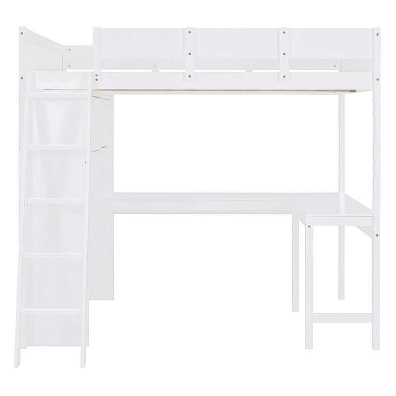 Full Size Loft Bed with Built-in Desk & Bookshelf in Solid Pine Wood