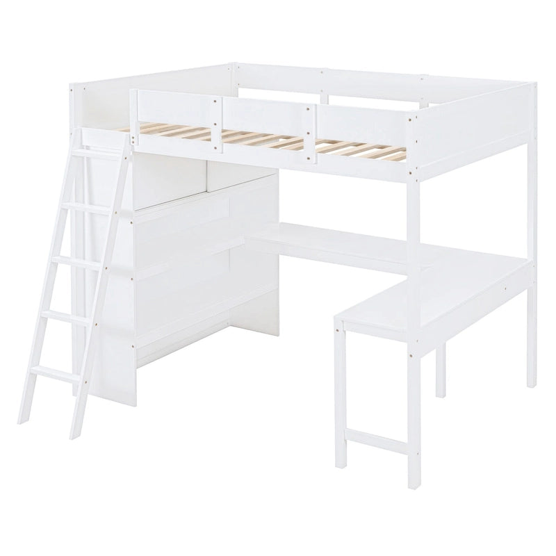 Full Size Loft Bed with Built-in Desk & Bookshelf in Solid Pine Wood