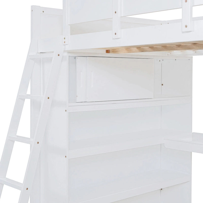 Full Size Loft Bed with Built-in Desk & Bookshelf in Solid Pine Wood