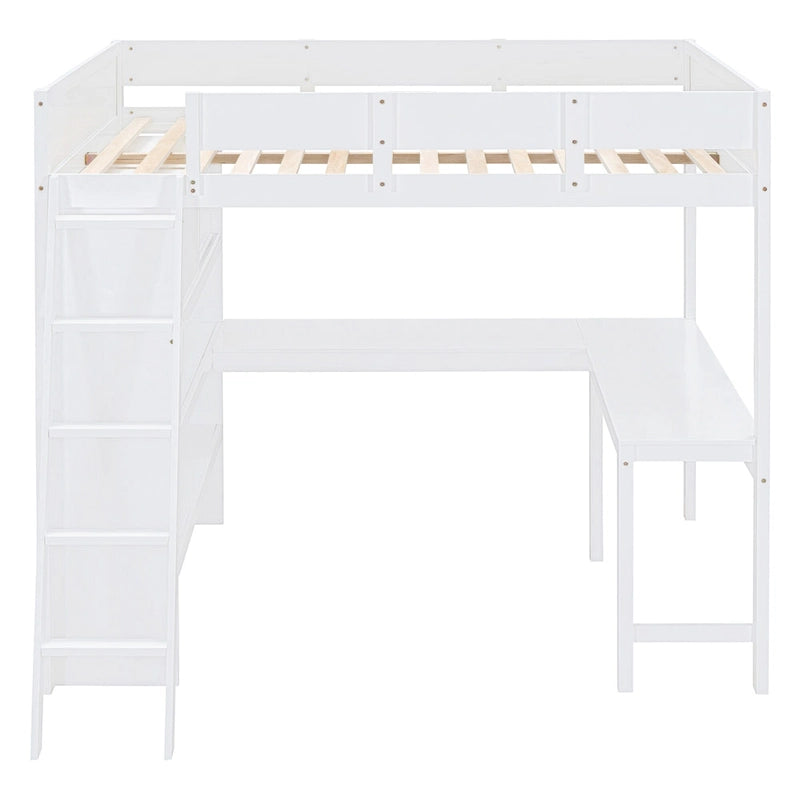 Full Size Loft Bed with Built-in Desk & Bookshelf in Solid Pine Wood