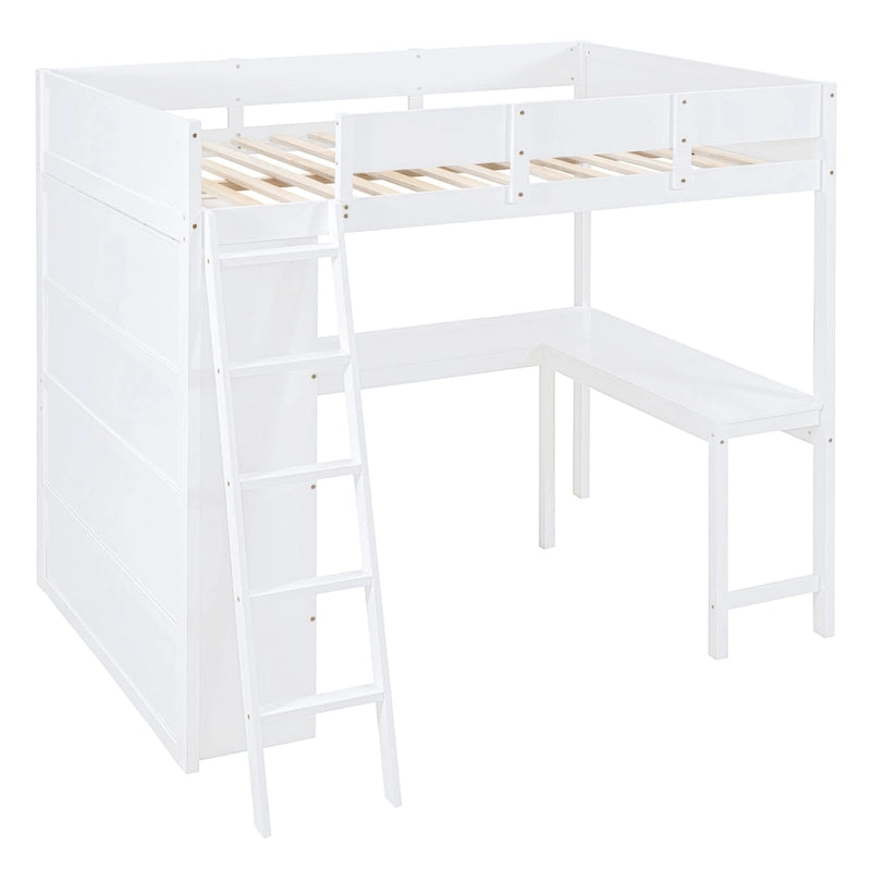 Full Size Loft Bed with Built-in Desk & Bookshelf in Solid Pine Wood