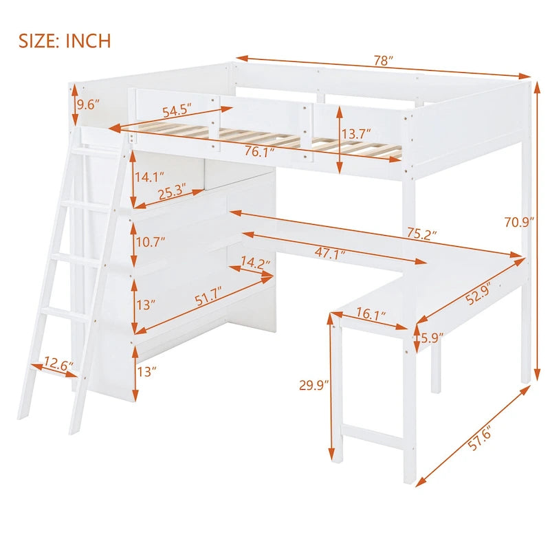 Full Size Loft Bed with Built-in Desk & Bookshelf in Solid Pine Wood