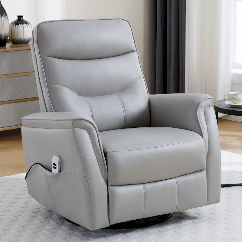 Poltrona reclinabile girevole con motore, poggiapiedi oscillante, porta USB e portabicchieri, in ecopelle