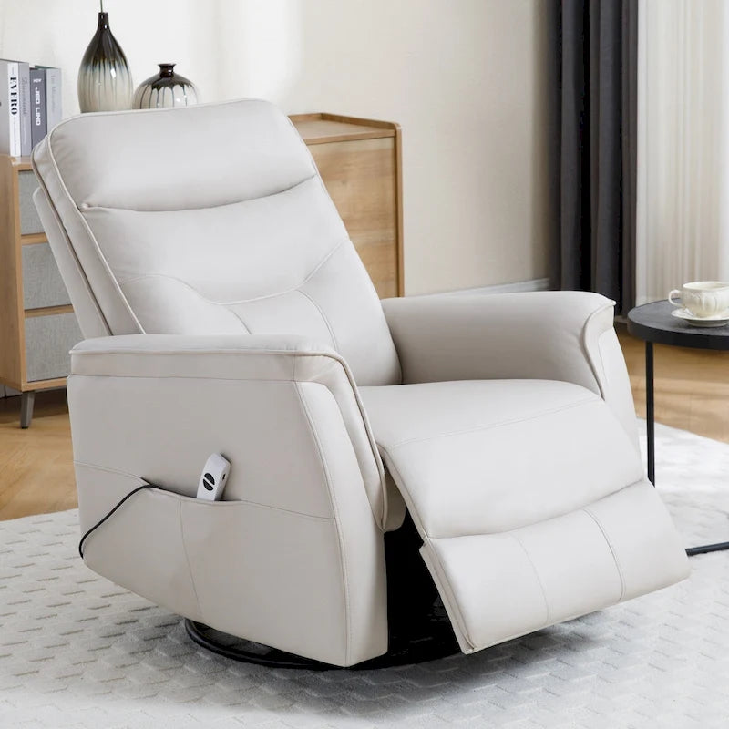 Poltrona reclinabile girevole con motore, poggiapiedi oscillante, porta USB e portabicchieri, in ecopelle