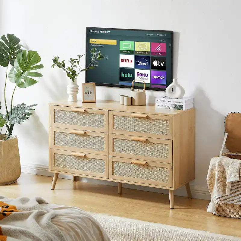 Cassettiera con frontale in rattan naturale e cassetti multipli per camera da letto e soggiorno