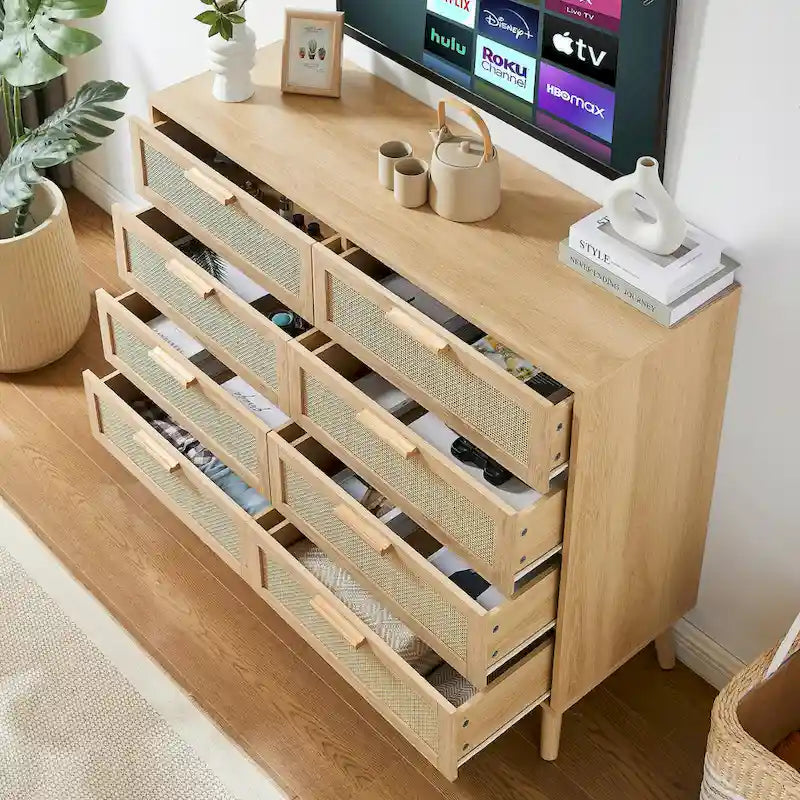 Cassettiera con frontale in rattan naturale e cassetti multipli per camera da letto e soggiorno