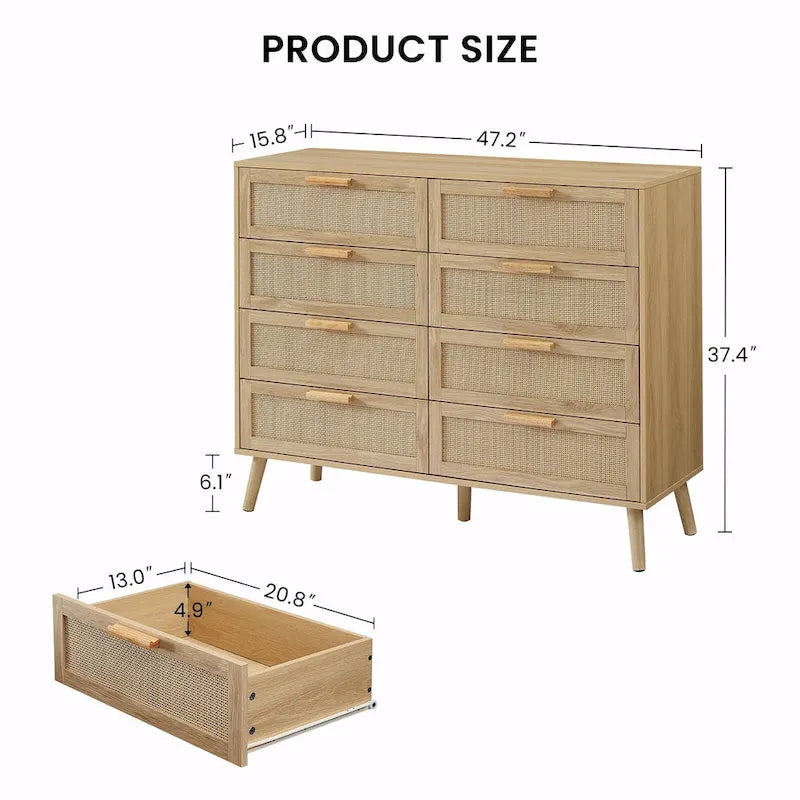 Cassettiera con frontale in rattan naturale e cassetti multipli per camera da letto e soggiorno