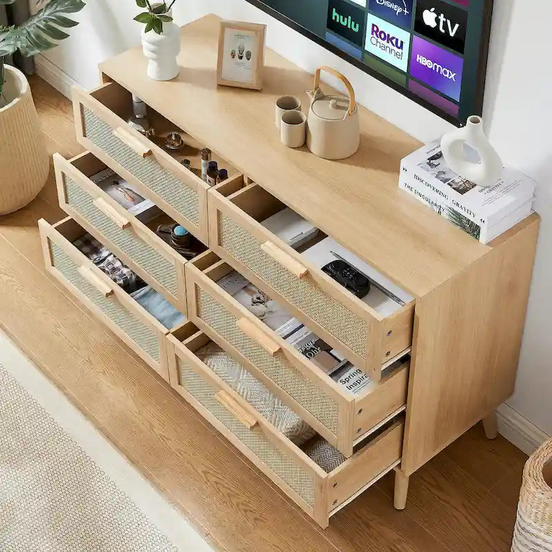Cassettiera con frontale in rattan naturale e cassetti multipli per camera da letto e soggiorno