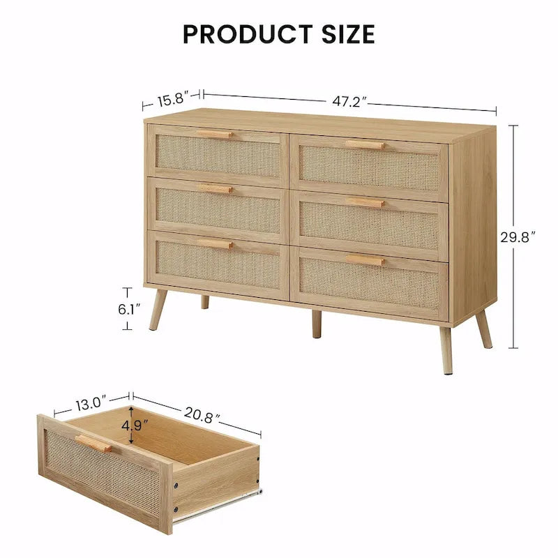 Cassettiera con frontale in rattan naturale e cassetti multipli per camera da letto e soggiorno