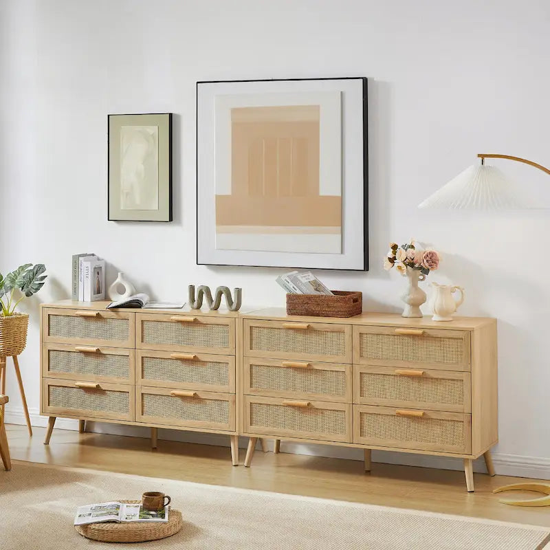 Cassettiera con frontale in rattan naturale e cassetti multipli per camera da letto e soggiorno