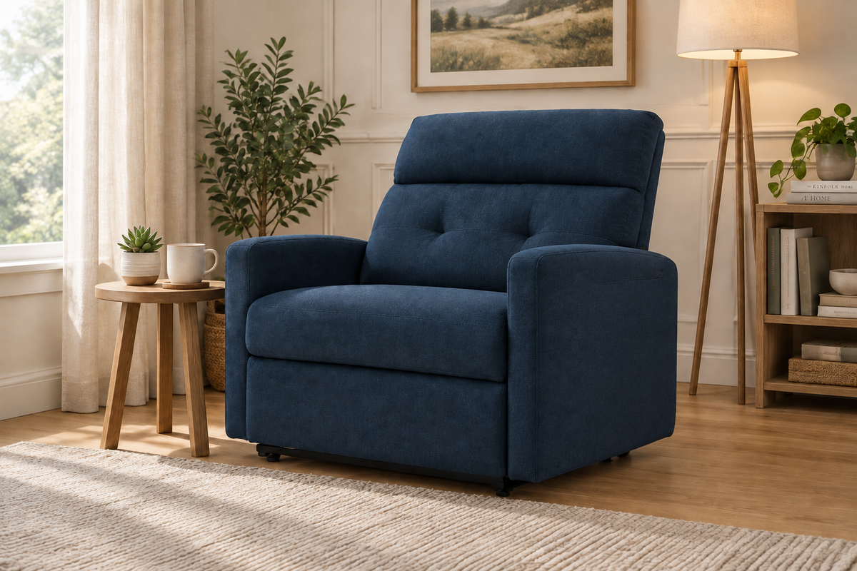 Navy Blue Recliner in Cozy Living Room - No Blanket